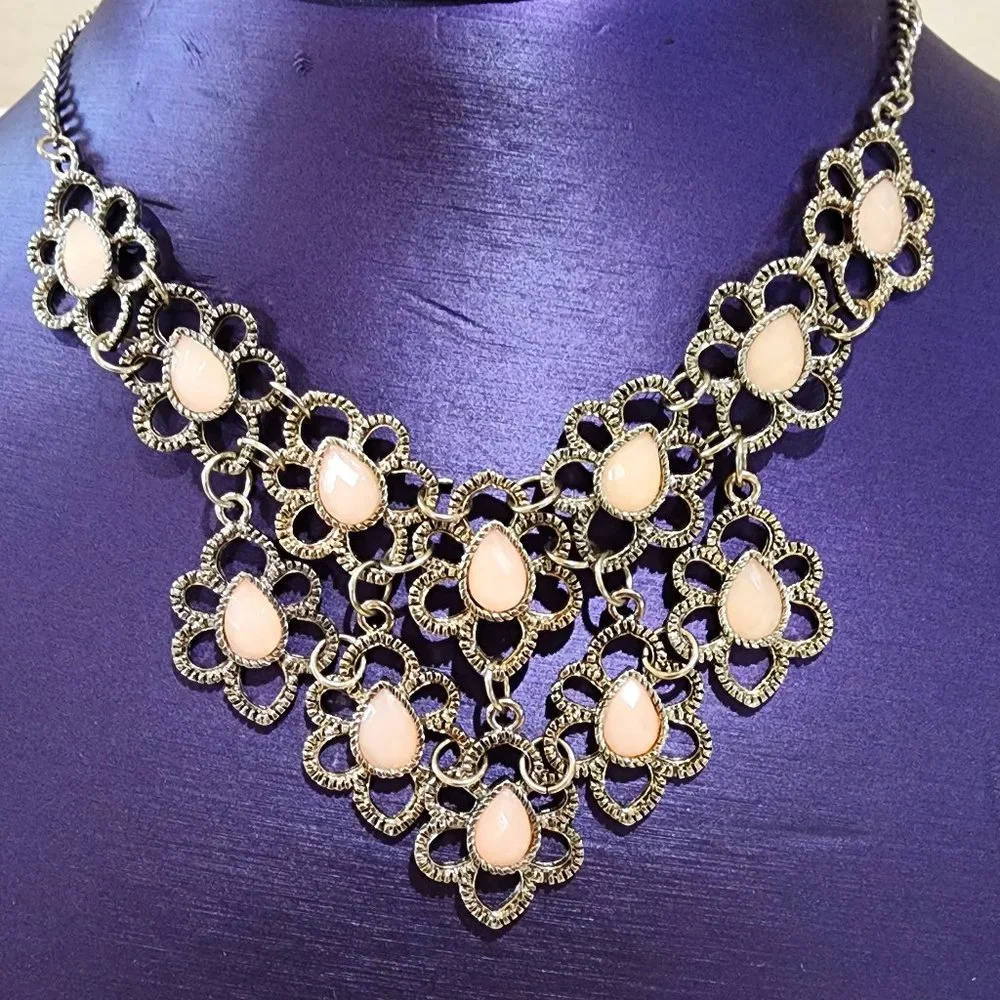 Gold Flower Faceted Light Pink Teardrop Accent Statement Bib Necklace
